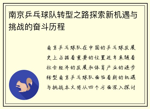 南京乒乓球队转型之路探索新机遇与挑战的奋斗历程