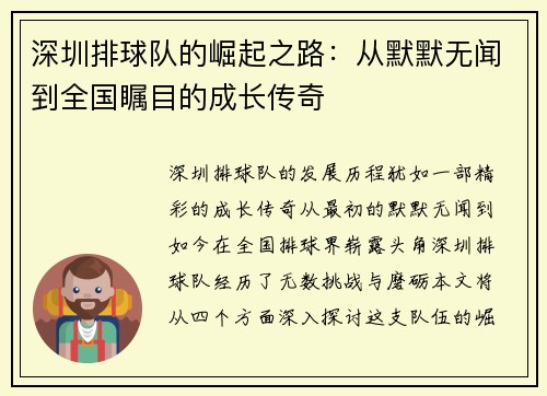 深圳排球队的崛起之路：从默默无闻到全国瞩目的成长传奇