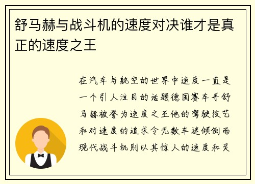 舒马赫与战斗机的速度对决谁才是真正的速度之王